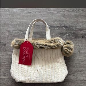 Bath & Body Works Ivory Knit Tote with Faux Fur Trim and Pom